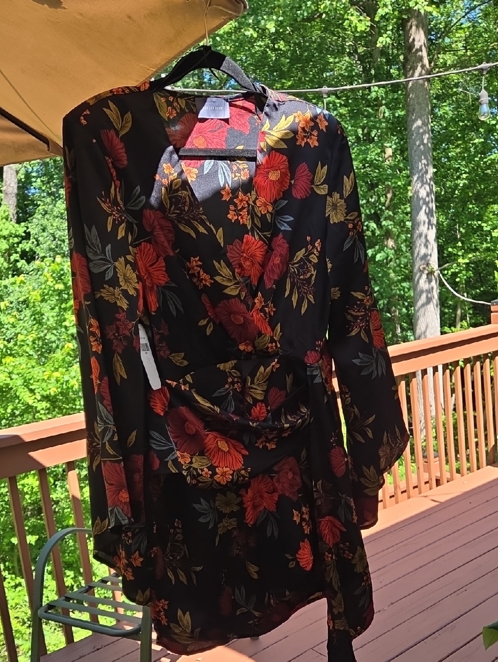 Floral Wrap Dress - Black with Red & Gold Blooms